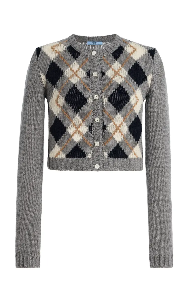 Prada Argyle Wool Cardigan - Grey | Image 1 Prada Argyle Wool Cardigan - Grey | Image 1