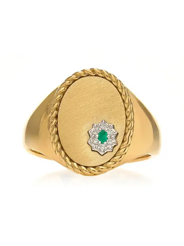 9K Yellow Gold; Diamond; And Emerald Ring