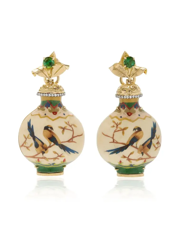 Marquetry Wood 18K Yellow Gold Diamond; Tourmaline Bottle Earrings Marquetry Wood 18K Yellow Gold Diamond; Tourmaline Bottle Earrings