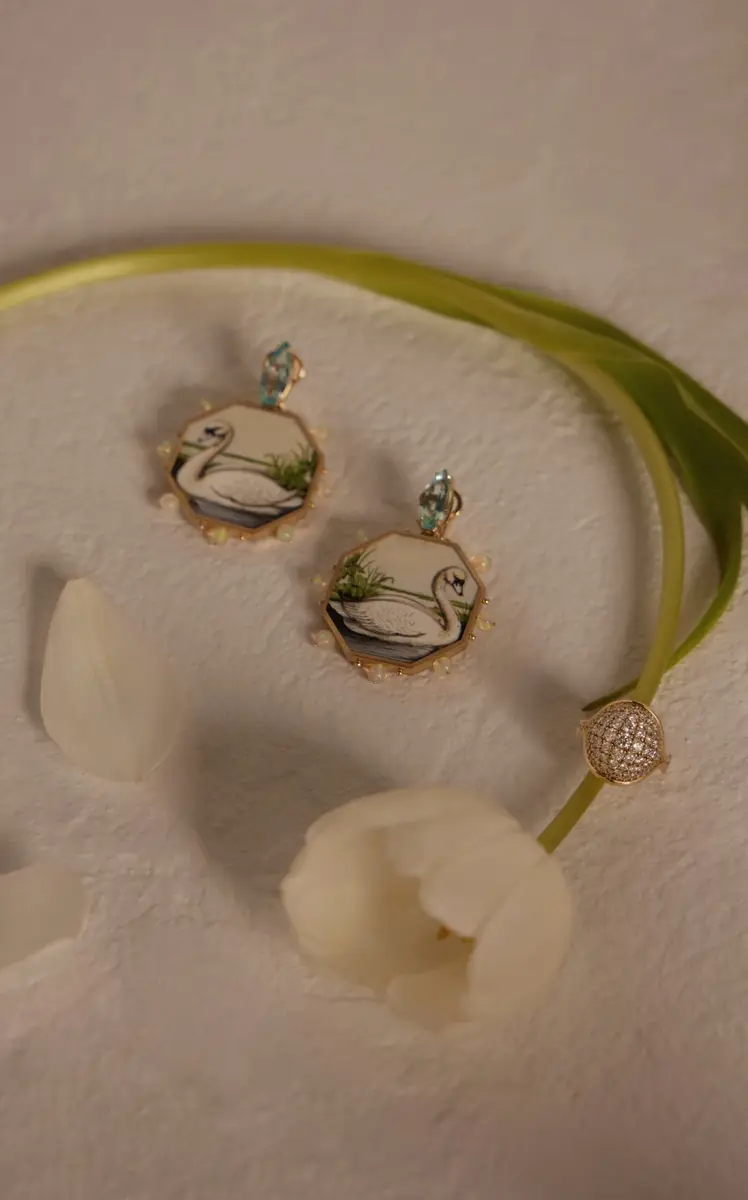 Silvia Furmanovich Swan 18K Yellow Gold Painting Earrings | Thumbnail 2