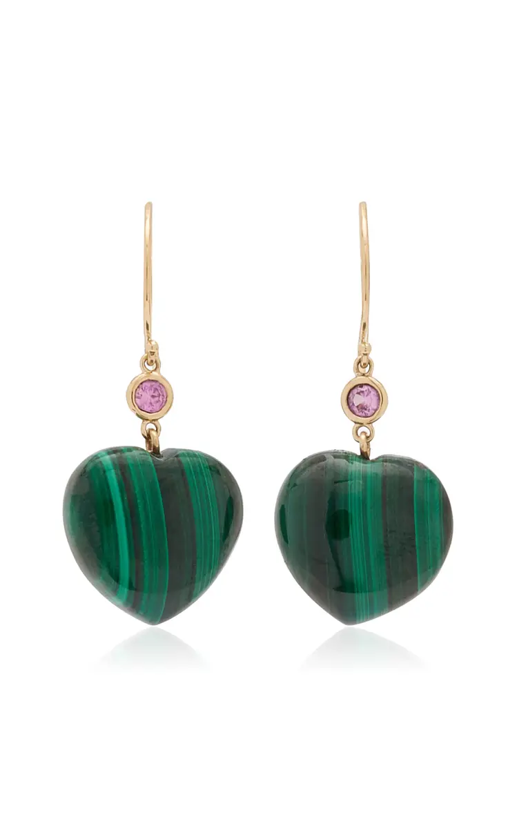 Haute Victoire Malachite Heart Rose Sapphire Gold Earrings | Image 1 Haute Victoire Malachite Heart Rose Sapphire Gold Earrings | Image 1