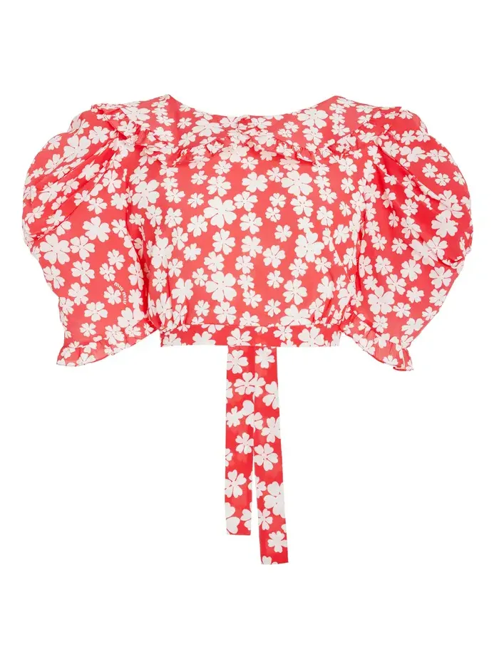 Puff-Sleeve Floral Silk Open-Back Crop Top Puff-Sleeve Floral Silk Open-Back Crop Top