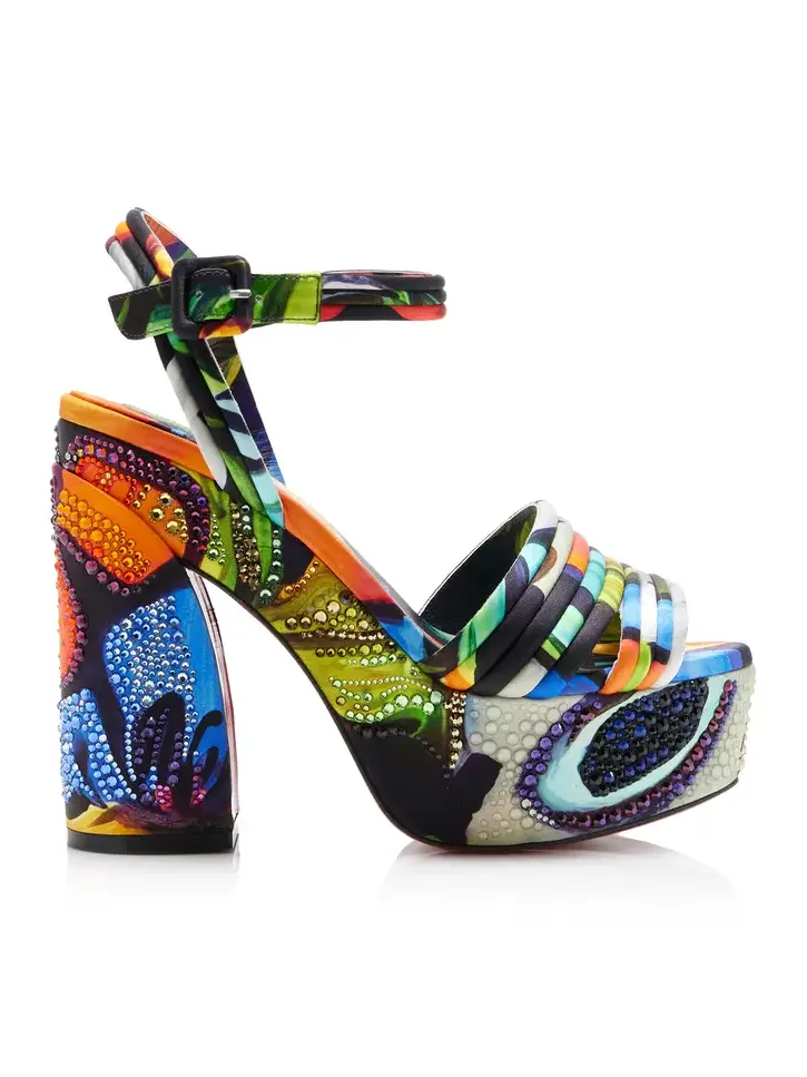 Christian Louboutin Exclusive Riviera Jane Disco Crystal-Embellished Printed Satin Platform Sandals