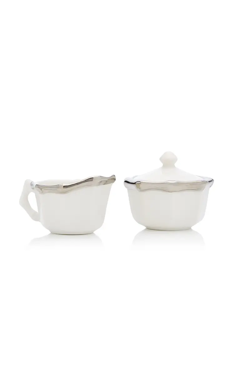 Este Ceramiche for Moda Domus Bamboo Platinum-Trimmed Ceramic Sugar Bowl and Creamer Set - Silver