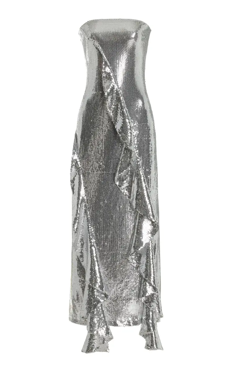 ROTATE Ruffled Sequined Midi Dress - Silver | Image 1 ROTATE Ruffled Sequined Midi Dress - Silver | Image 1