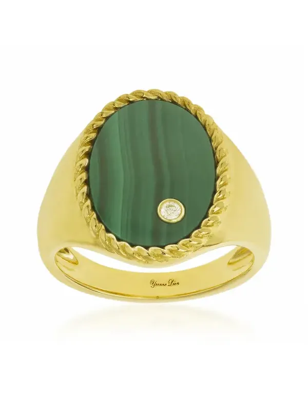 9K Yellow Gold Malachite; Diamond Signet Ring