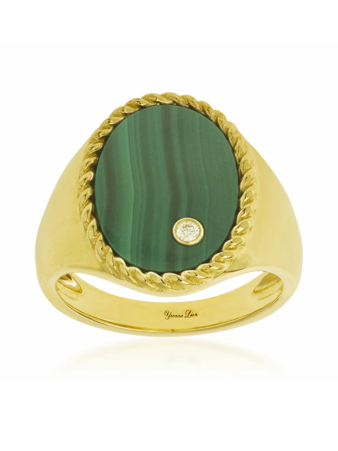 9K Yellow Gold Malachite; Diamond Signet Ring