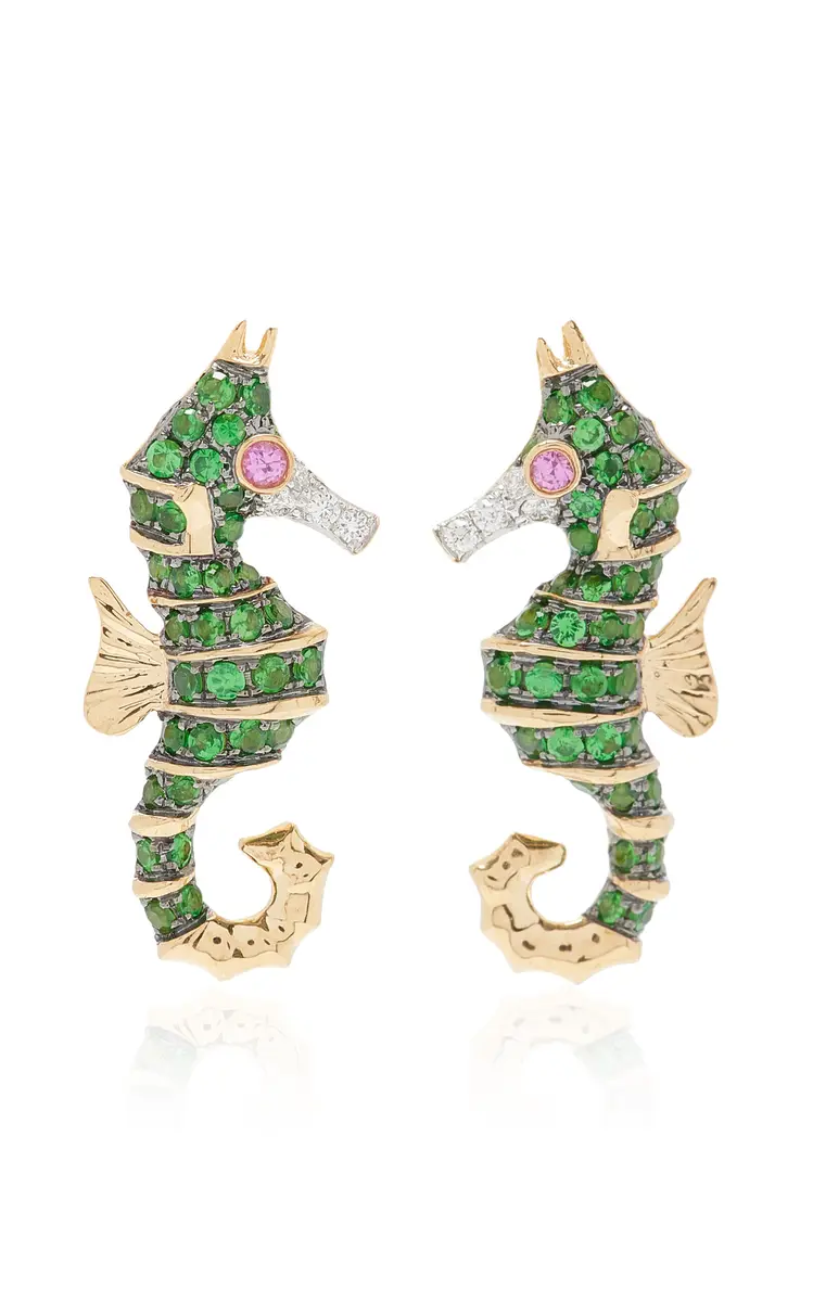 Yvonne Leon Seahorse 18K Gold Multi Stone Earrings | Image 1 Yvonne Leon Seahorse 18K Gold Multi Stone Earrings | Image 1