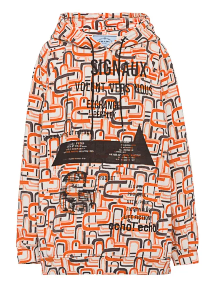 Prada Drawstring Printed Cotton Hooded Sweatshirt