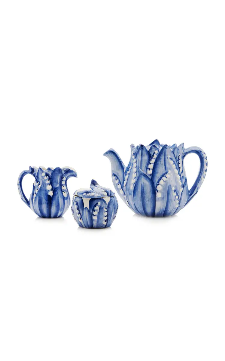 Moda Domus Lily Of The Valley Ceramic Teapot; Cream; and Sugar Set