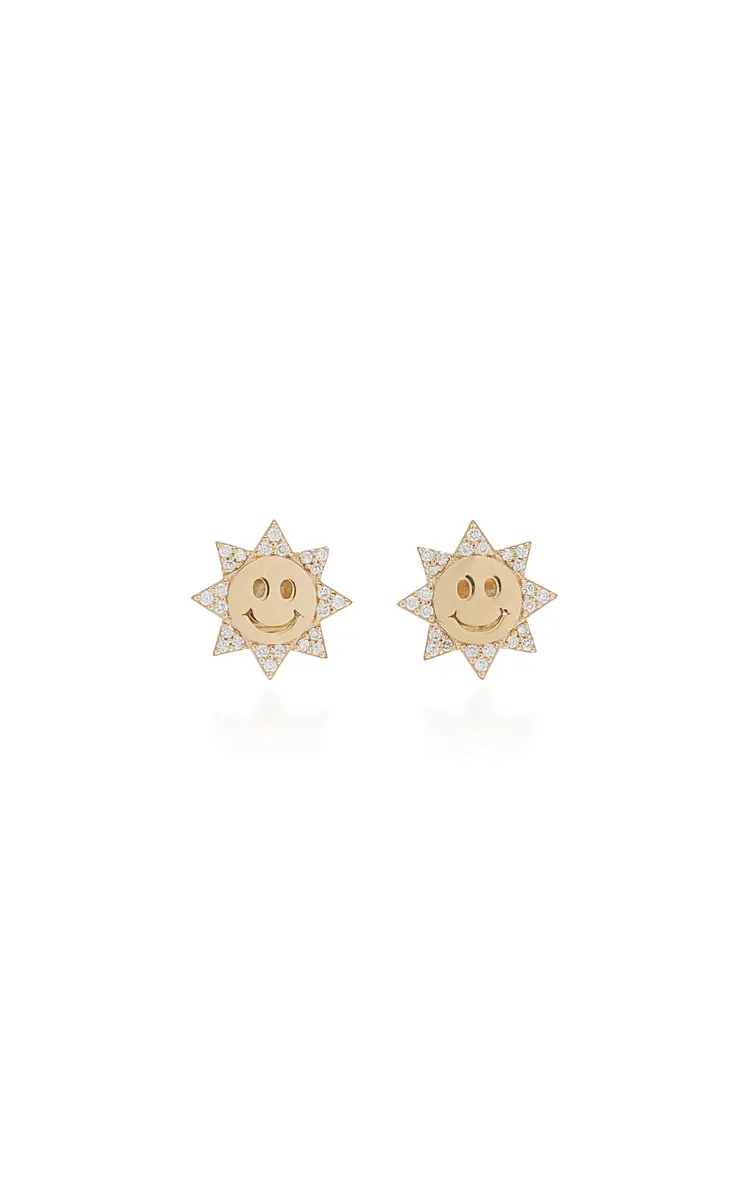Sydney Evan Happy Face Sun 14K Gold Diamond Stud Earrings