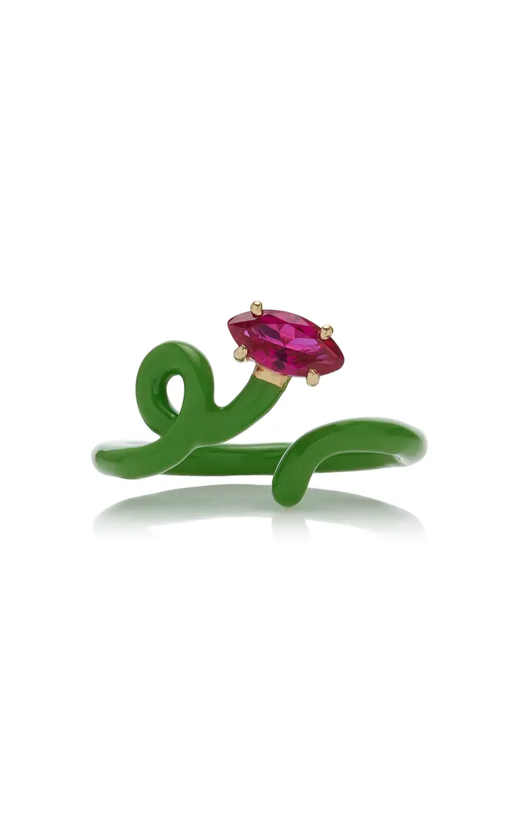 Bea Bongiasca 9kt Yellow Gold And Silver With Green Enamel And Marquise Cut Corundum | Thumbnail 6