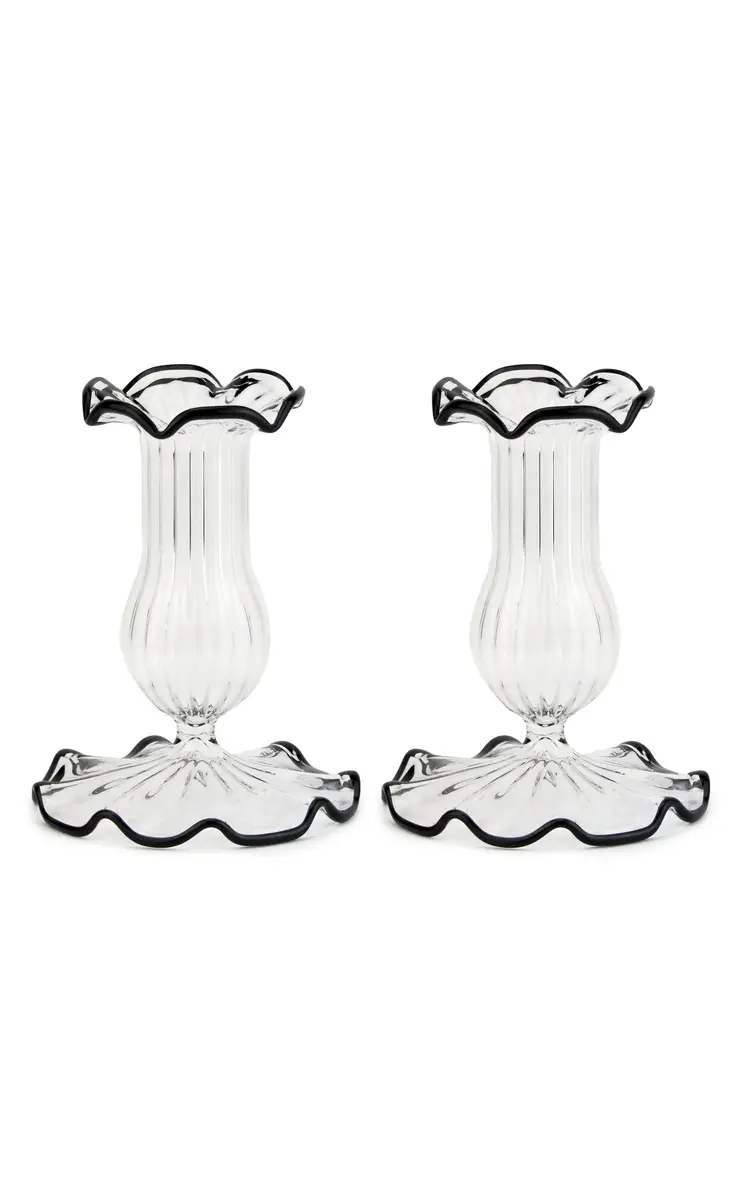 Moda Domus Set-Of-Two Small Scalloped Glass Candle Sticks - Blue | Thumbnail 2