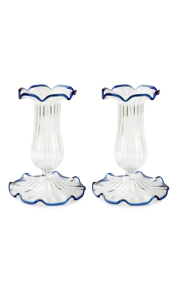 Moda Domus Set-Of-Two Small Scalloped Glass Candle Sticks - Blue | Thumbnail 6