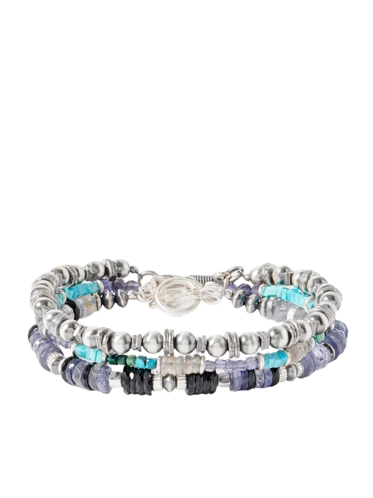 Set of Three Sterling Silver Multi-Stone Beaded Bracelets - Men Set of Three Sterling Silver Multi-Stone Beaded Bracelets - Men