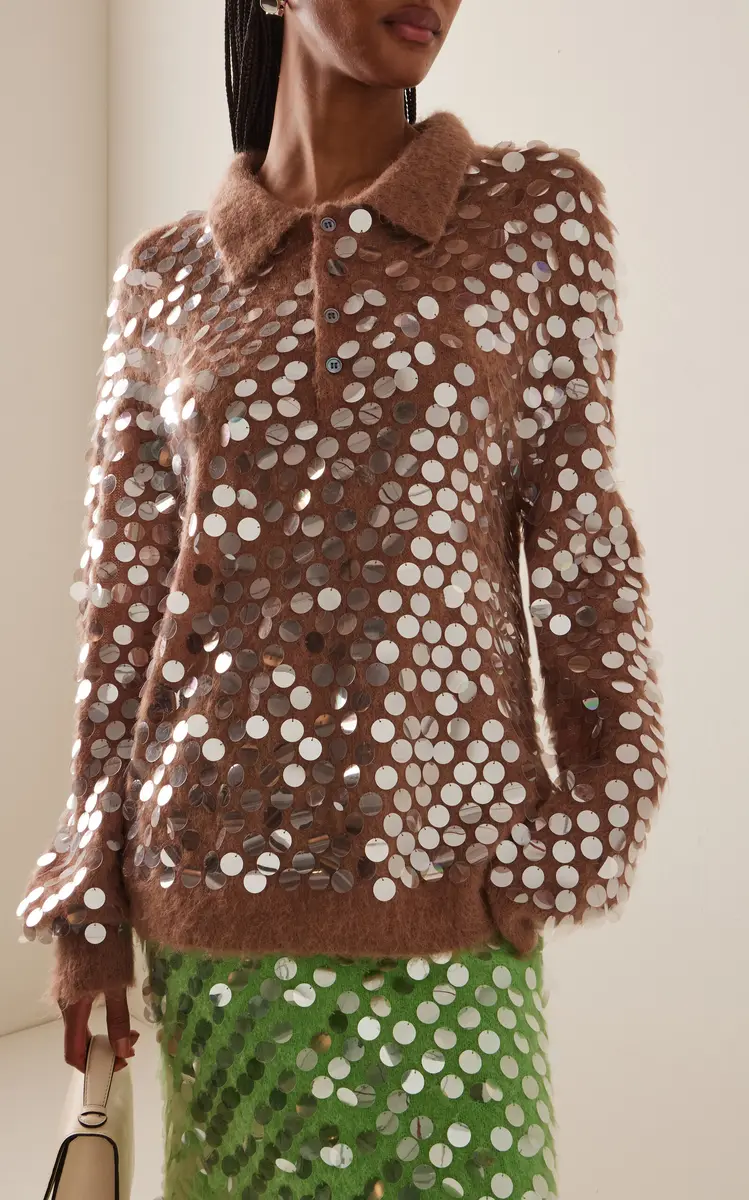 ZANKOV Adora Sequined Mohair-Blend Polo Sweater - Neutral | Thumbnail 2 ZANKOV Adora Sequined Mohair-Blend Polo Sweater - Neutral | Thumbnail 2
