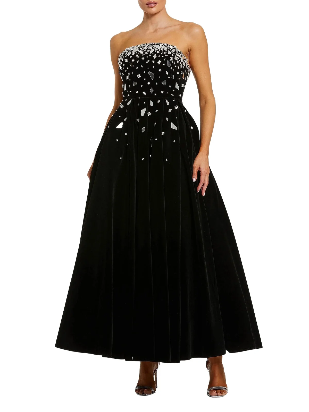 Mac Duggal Women's Glass-Embellished Velvet Tea-Length Dress