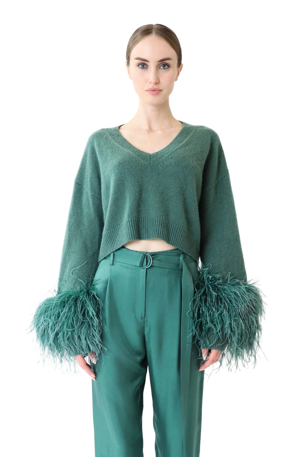 Lapointe Cashmere Cropped V Neck Sweater With Feathers