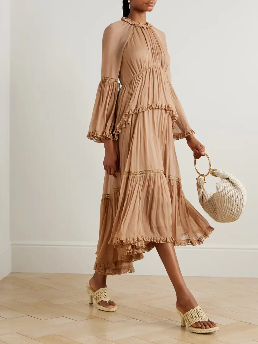 Zimmermann Hypnotic Lace-trimmed Tiered Crepe De Chine Midi Dress | Thumbnail 2 Zimmermann Hypnotic Lace-trimmed Tiered Crepe De Chine Midi Dress | Thumbnail 2
