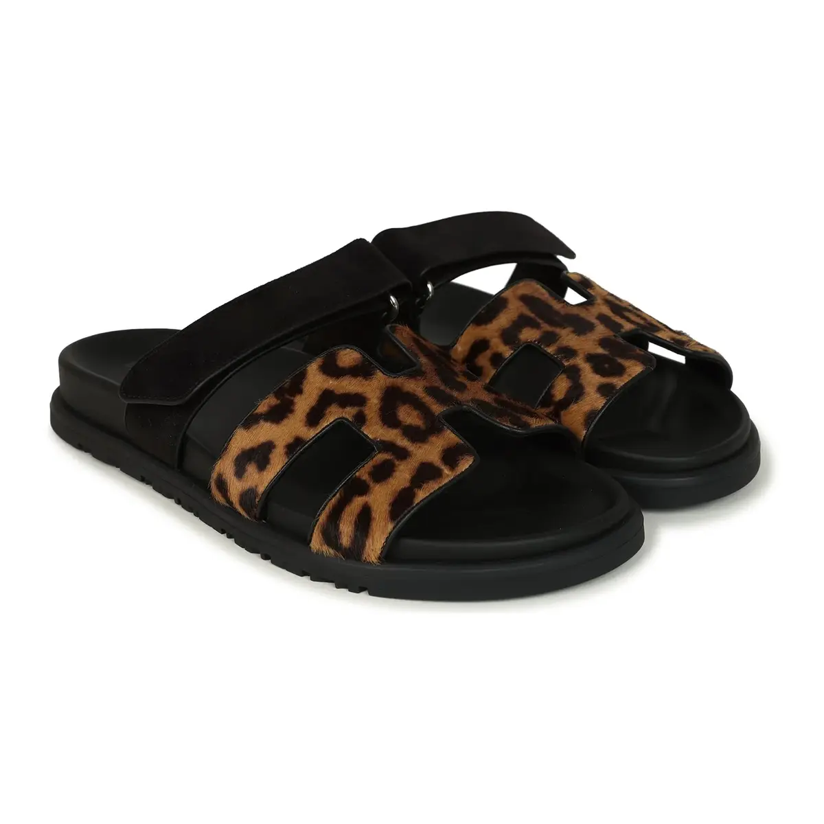 HERMÈS Hermes Leopard Print Chypre Techno Sandals Gold & Black Moire, Calfskin & Suede Palladium Hardware | Thumbnail 3 HERMÈS Hermes Leopard Print Chypre Techno Sandals Gold & Black Moire, Calfskin & Suede Palladium Hardware | Thumbnail 3