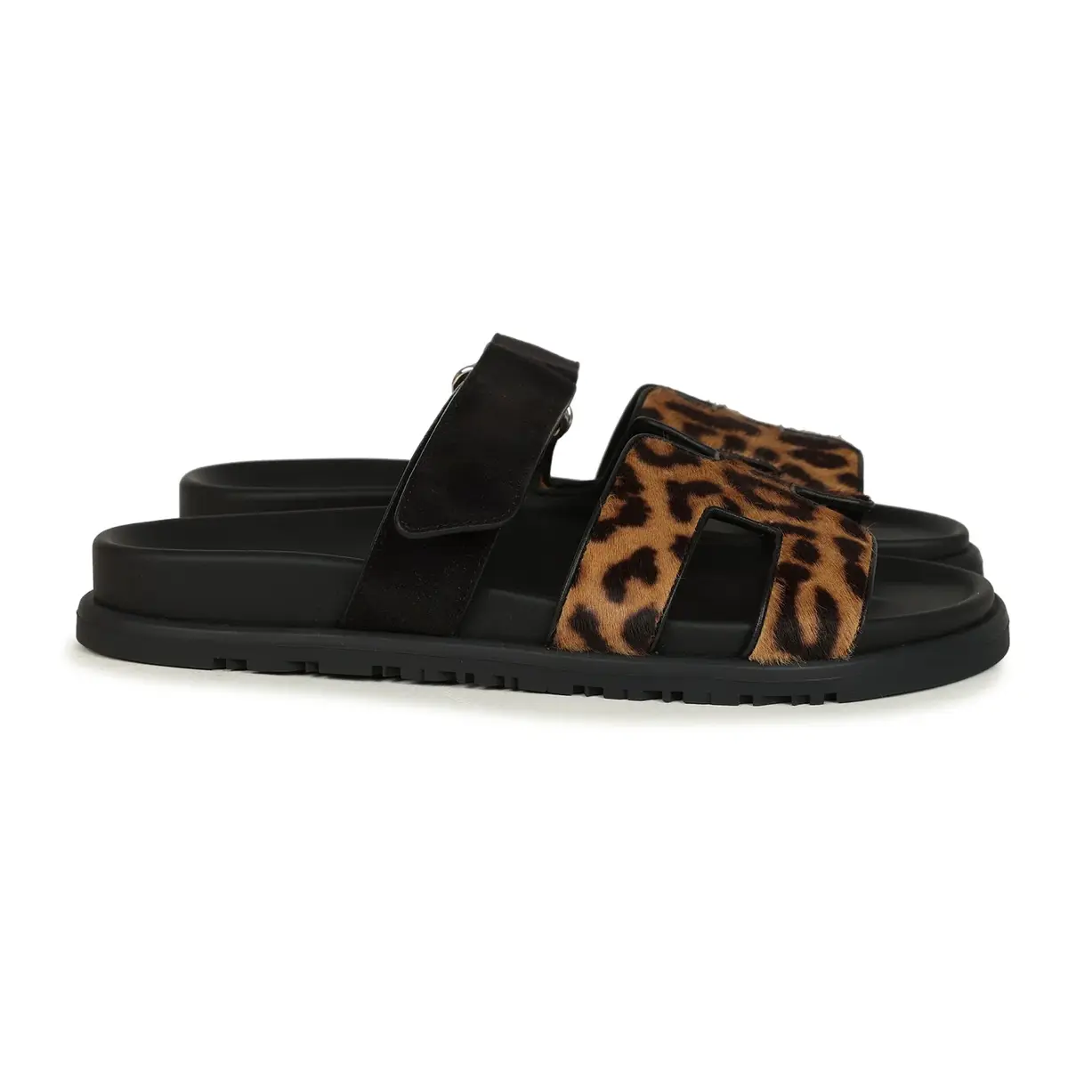 HERMÈS Hermes Leopard Print Chypre Techno Sandals Gold & Black Moire, Calfskin & Suede Palladium Hardware | Thumbnail 4 HERMÈS Hermes Leopard Print Chypre Techno Sandals Gold & Black Moire, Calfskin & Suede Palladium Hardware | Thumbnail 4