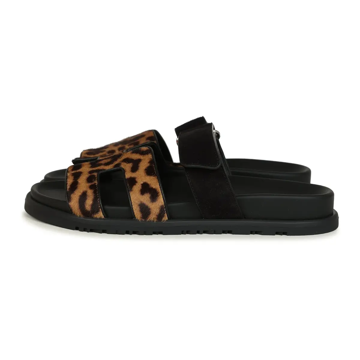 HERMÈS Hermes Leopard Print Chypre Techno Sandals Gold & Black Moire, Calfskin & Suede Palladium Hardware | Thumbnail 5 HERMÈS Hermes Leopard Print Chypre Techno Sandals Gold & Black Moire, Calfskin & Suede Palladium Hardware | Thumbnail 5