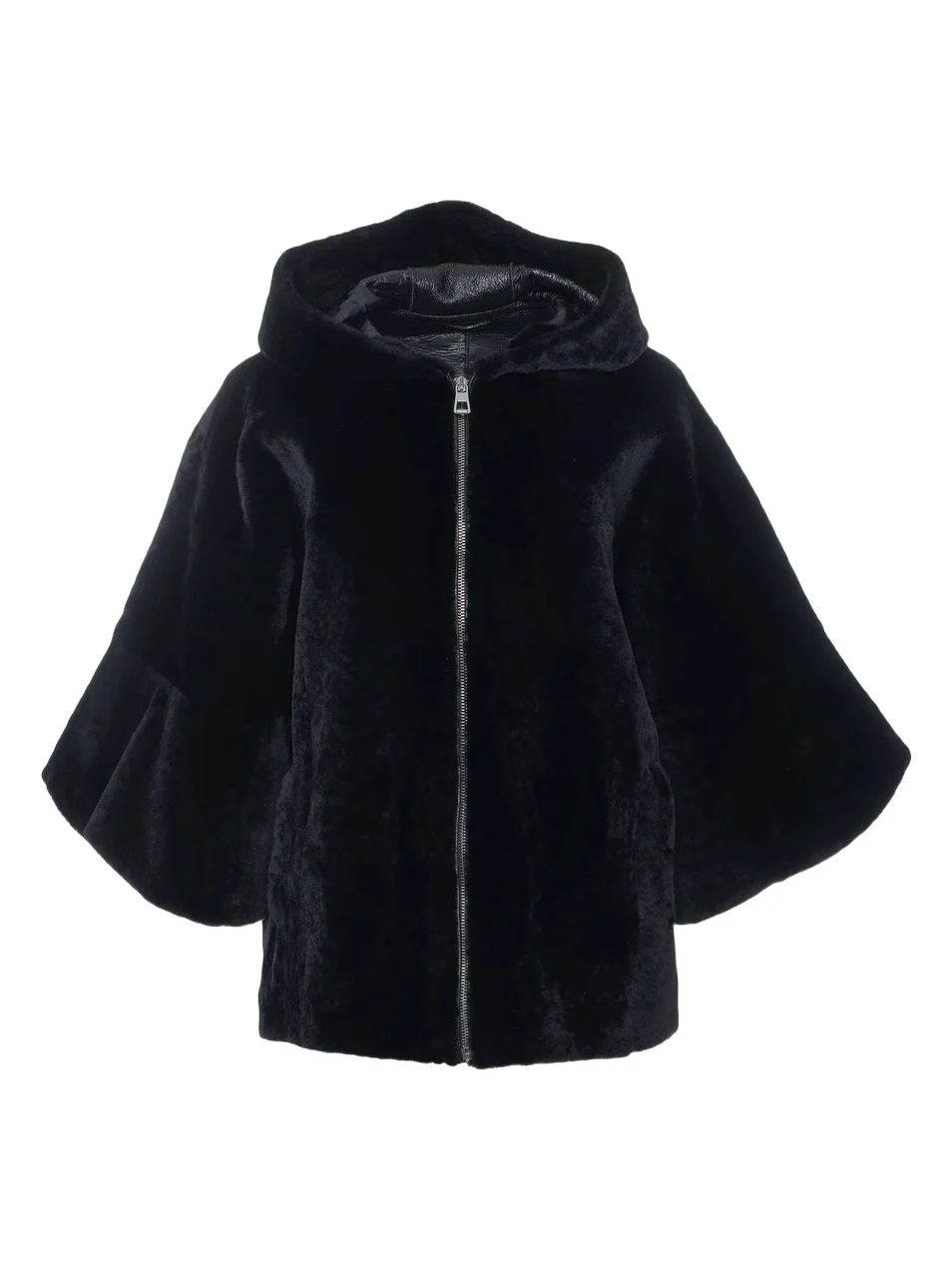 Gorski Women's Shearling Lamb Zip Jacket with Cropped Sleeves - Black