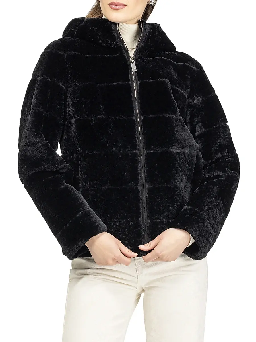 Gorski Women's Horizontal Curly Shearling Lamb Zip Jacket with Hood - Black | Thumbnail 2 Gorski Women's Horizontal Curly Shearling Lamb Zip Jacket with Hood - Black | Thumbnail 2