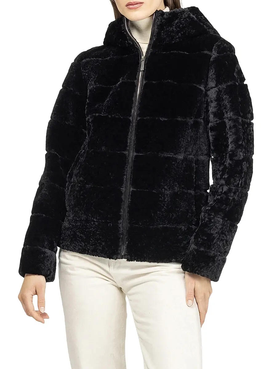 Gorski Women's Horizontal Curly Shearling Lamb Zip Jacket with Hood - Black | Thumbnail 3 Gorski Women's Horizontal Curly Shearling Lamb Zip Jacket with Hood - Black | Thumbnail 3
