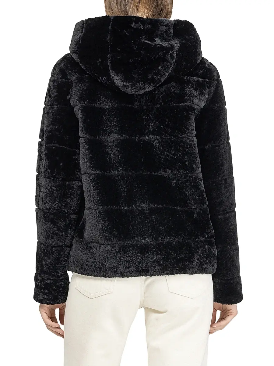 Gorski Women's Horizontal Curly Shearling Lamb Zip Jacket with Hood - Black | Thumbnail 4 Gorski Women's Horizontal Curly Shearling Lamb Zip Jacket with Hood - Black | Thumbnail 4