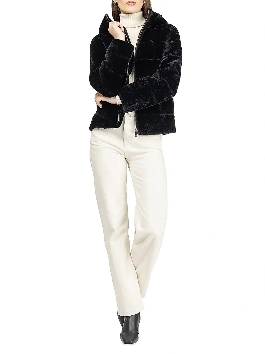 Gorski Women's Horizontal Curly Shearling Lamb Zip Jacket with Hood - Black | Thumbnail 5 Gorski Women's Horizontal Curly Shearling Lamb Zip Jacket with Hood - Black | Thumbnail 5