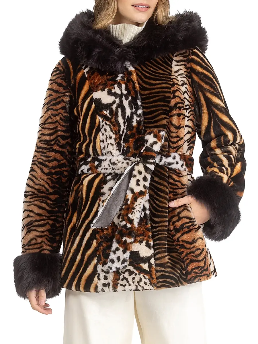Gorski Women's Shearling Lamb Parka with Merinillo Shearling Lamb Hood Trim and Cuffs, Belt - Africa Print | Thumbnail 2 Gorski Women's Shearling Lamb Parka with Merinillo Shearling Lamb Hood Trim and Cuffs, Belt - Africa Print | Thumbnail 2