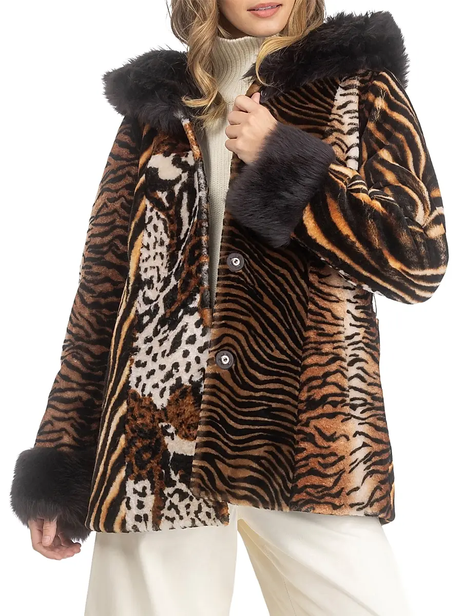 Gorski Women's Shearling Lamb Parka with Merinillo Shearling Lamb Hood Trim and Cuffs, Belt - Africa Print | Thumbnail 3 Gorski Women's Shearling Lamb Parka with Merinillo Shearling Lamb Hood Trim and Cuffs, Belt - Africa Print | Thumbnail 3