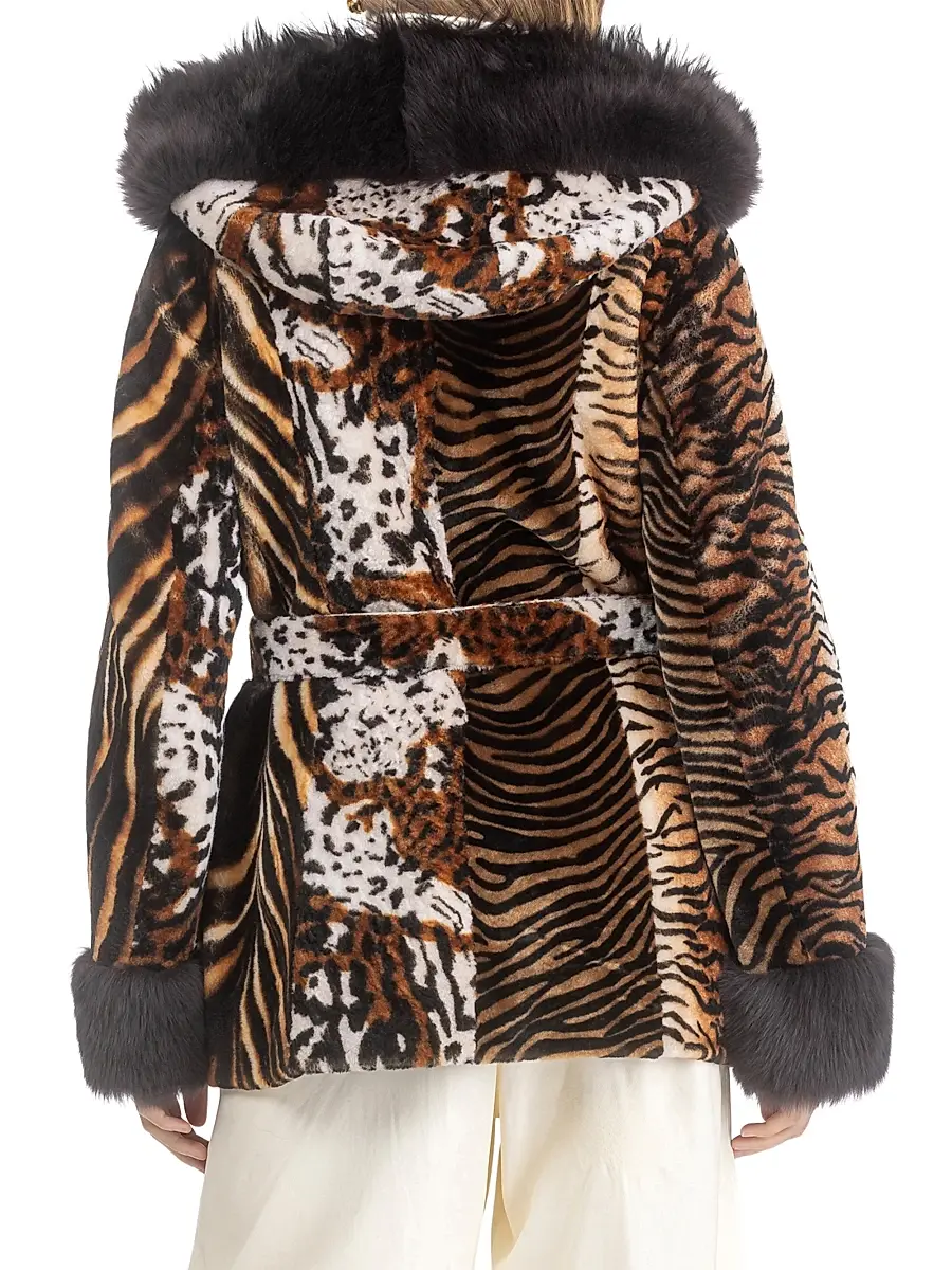 Gorski Women's Shearling Lamb Parka with Merinillo Shearling Lamb Hood Trim and Cuffs, Belt - Africa Print | Thumbnail 4 Gorski Women's Shearling Lamb Parka with Merinillo Shearling Lamb Hood Trim and Cuffs, Belt - Africa Print | Thumbnail 4