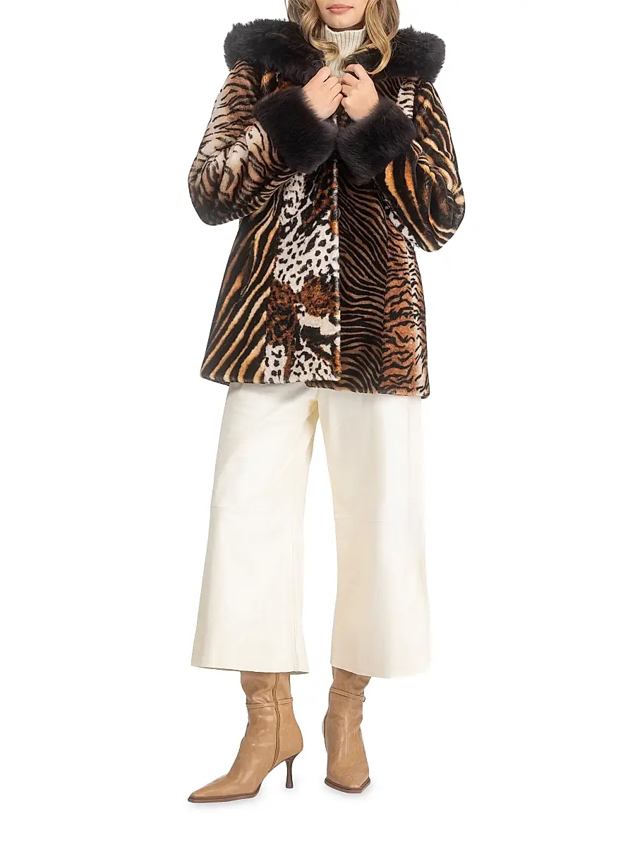 Gorski Women's Shearling Lamb Parka with Merinillo Shearling Lamb Hood Trim and Cuffs, Belt - Africa Print | Thumbnail 5 Gorski Women's Shearling Lamb Parka with Merinillo Shearling Lamb Hood Trim and Cuffs, Belt - Africa Print | Thumbnail 5