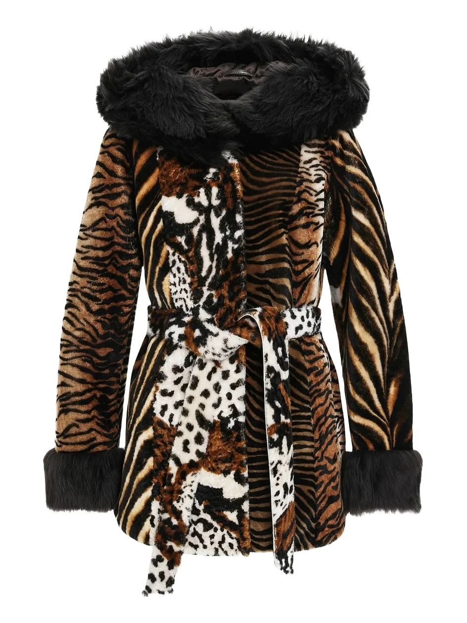 Gorski Women's Shearling Lamb Parka with Merinillo Shearling Lamb Hood Trim and Cuffs, Belt - Africa Print
