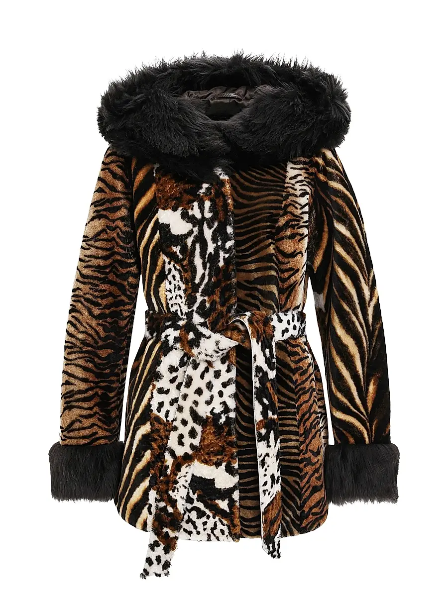 Gorski Women's Shearling Lamb Parka with Merinillo Shearling Lamb Hood Trim and Cuffs, Belt - Africa Print - Size XL | Image 1 Gorski Women's Shearling Lamb Parka with Merinillo Shearling Lamb Hood Trim and Cuffs, Belt - Africa Print - Size XL | Image 1