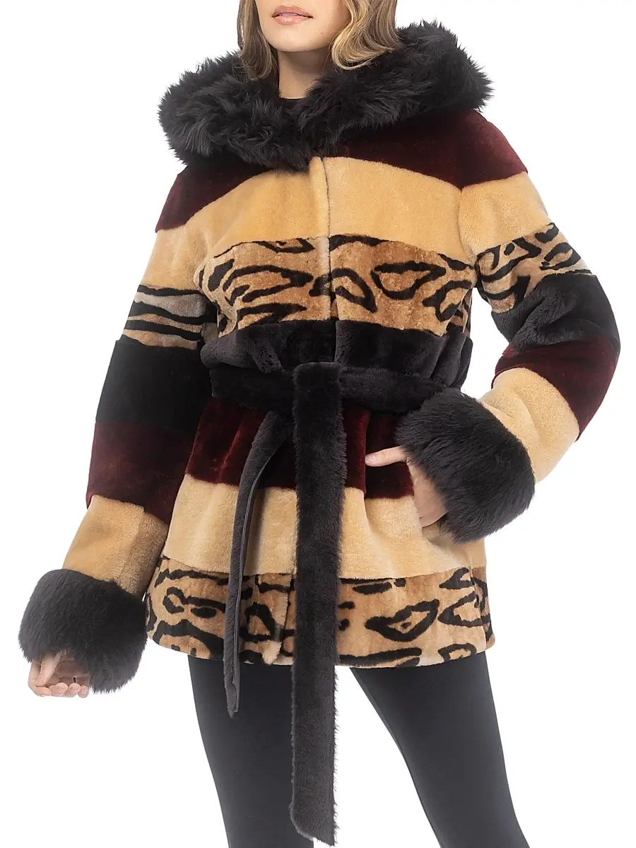 Gorski Women's Shearling Lamb Parka with Merinillo Shearling Lamb Hood Trim & Cuffs, Belt - Wine Multi | Thumbnail 2 Gorski Women's Shearling Lamb Parka with Merinillo Shearling Lamb Hood Trim & Cuffs, Belt - Wine Multi | Thumbnail 2