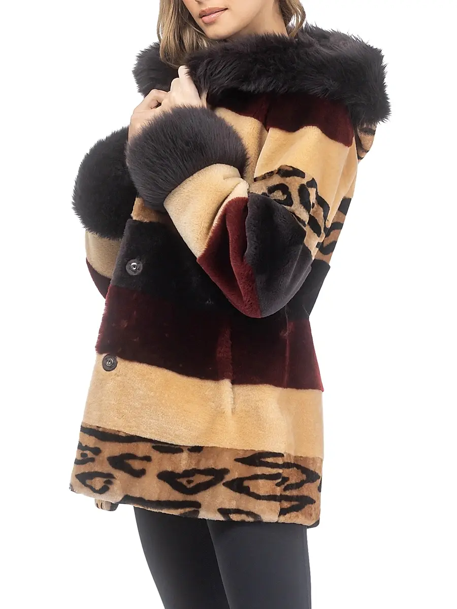 Gorski Women's Shearling Lamb Parka with Merinillo Shearling Lamb Hood Trim & Cuffs, Belt - Wine Multi | Thumbnail 3 Gorski Women's Shearling Lamb Parka with Merinillo Shearling Lamb Hood Trim & Cuffs, Belt - Wine Multi | Thumbnail 3