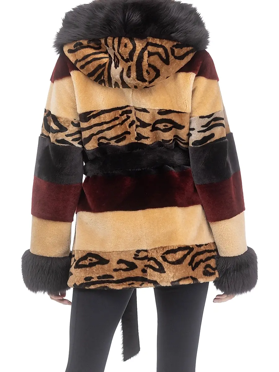 Gorski Women's Shearling Lamb Parka with Merinillo Shearling Lamb Hood Trim & Cuffs, Belt - Wine Multi | Thumbnail 4 Gorski Women's Shearling Lamb Parka with Merinillo Shearling Lamb Hood Trim & Cuffs, Belt - Wine Multi | Thumbnail 4