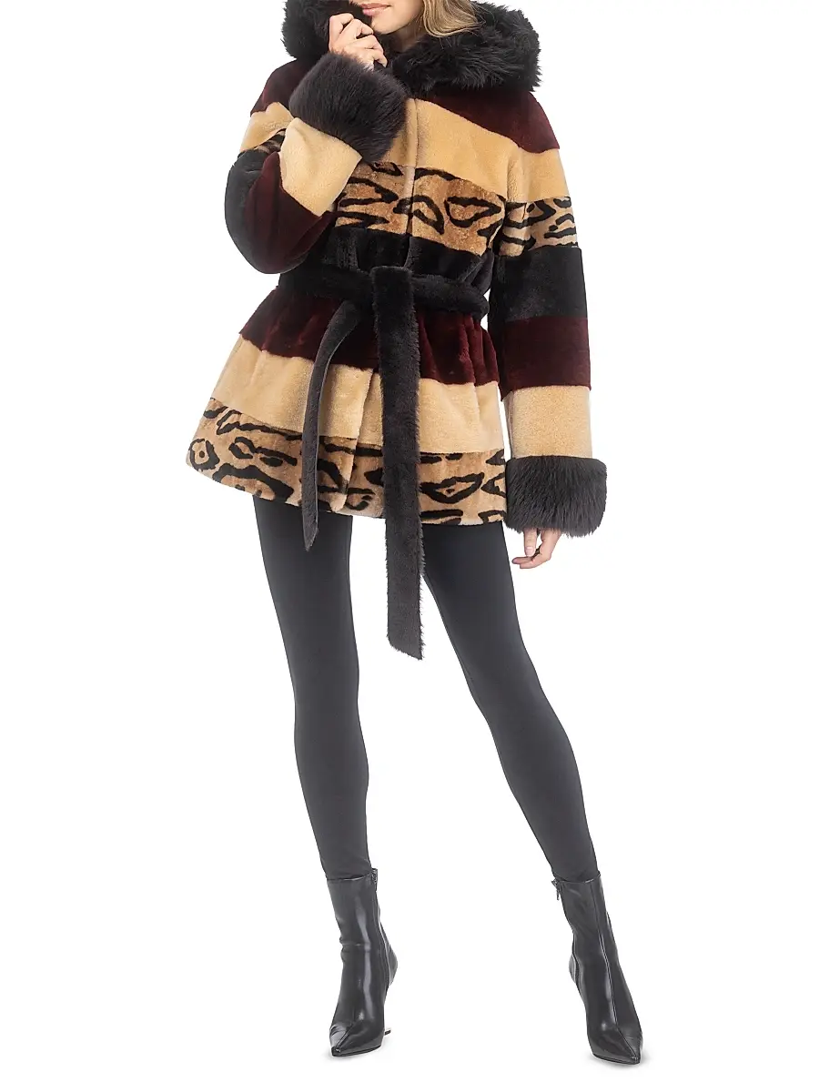 Gorski Women's Shearling Lamb Parka with Merinillo Shearling Lamb Hood Trim & Cuffs, Belt - Wine Multi | Thumbnail 5 Gorski Women's Shearling Lamb Parka with Merinillo Shearling Lamb Hood Trim & Cuffs, Belt - Wine Multi | Thumbnail 5
