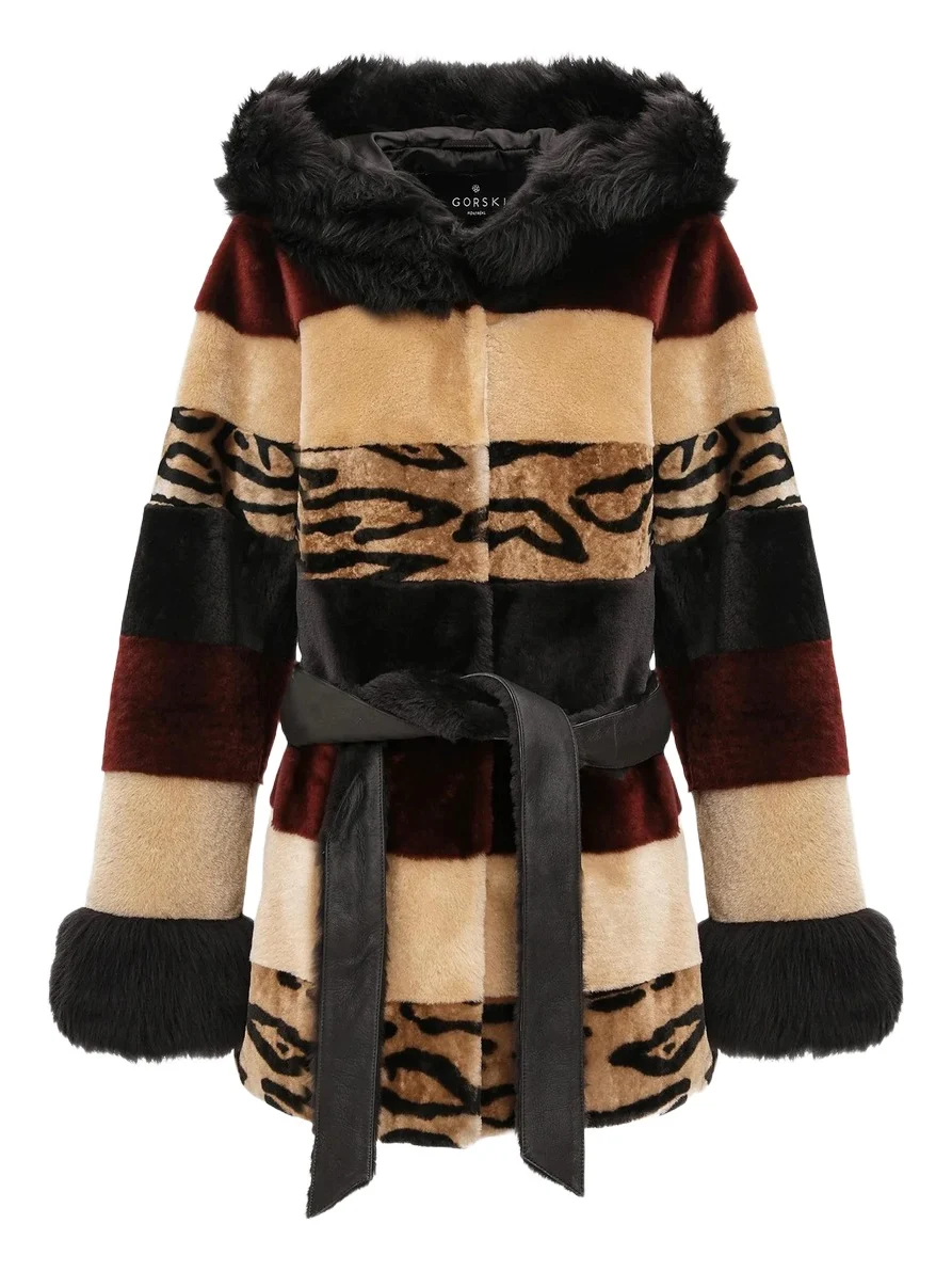 Gorski Women's Shearling Lamb Parka with Merinillo Shearling Lamb Hood Trim & Cuffs, Belt - Wine Multi