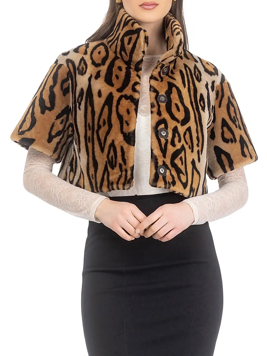 Gorski Women's Select Shearling Lamb Bolero with Cropped Sleeves - Ocelo Print | Thumbnail 2