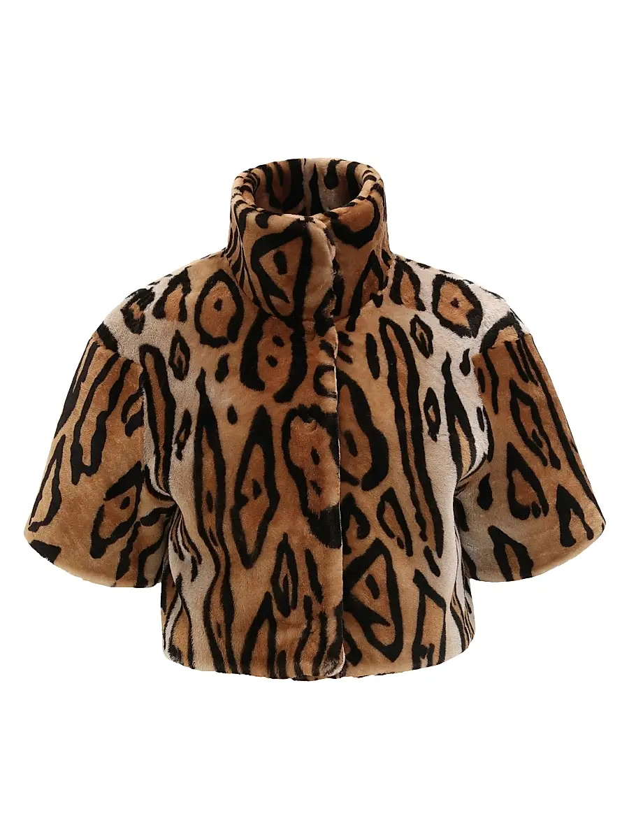 Gorski Women's Select Shearling Lamb Bolero with Cropped Sleeves - Ocelo Print - Size Large | Image 1 Gorski Women's Select Shearling Lamb Bolero with Cropped Sleeves - Ocelo Print - Size Large | Image 1