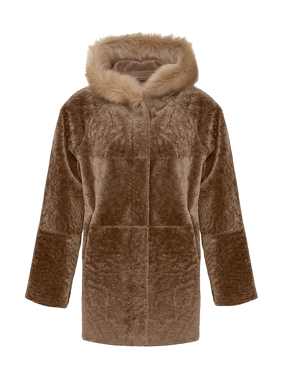 Gorski Women's Reversible Textured Shearling Lamb Parka with Merinillo Shearling Lamb Hood Trim - Camel - Size Large | Image 1 Gorski Women's Reversible Textured Shearling Lamb Parka with Merinillo Shearling Lamb Hood Trim - Camel - Size Large | Image 1