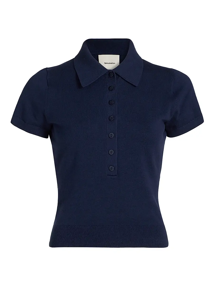 Reformation Women's Bentley Cotton Polo Sweater - Navy | Image 1 Reformation Women's Bentley Cotton Polo Sweater - Navy | Image 1