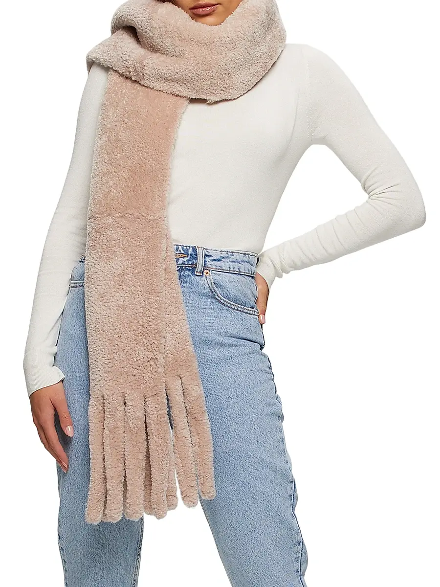 Gorski Women's Silky Shearling Lamb Stole with Fringes - Blush | Thumbnail 3 Gorski Women's Silky Shearling Lamb Stole with Fringes - Blush | Thumbnail 3