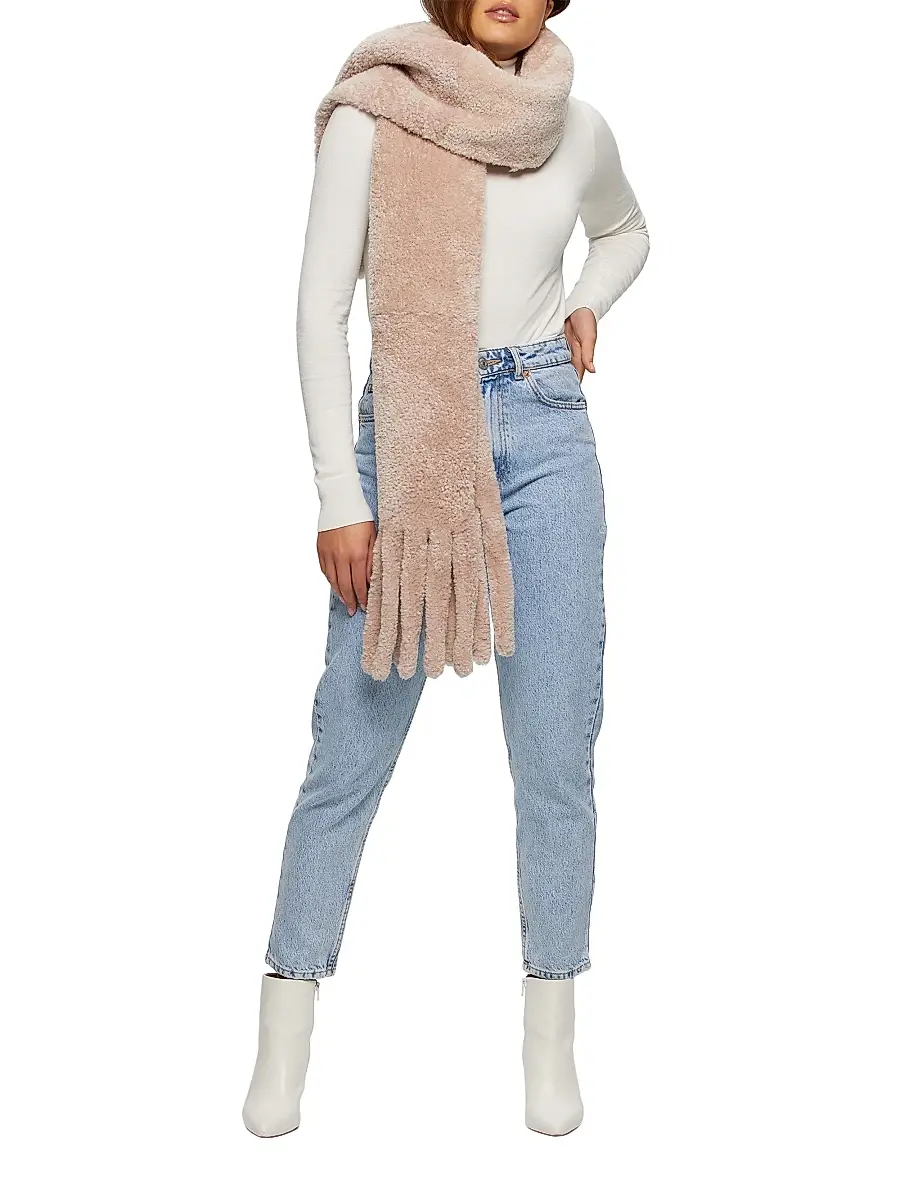 Gorski Women's Silky Shearling Lamb Stole with Fringes - Blush | Thumbnail 4 Gorski Women's Silky Shearling Lamb Stole with Fringes - Blush | Thumbnail 4