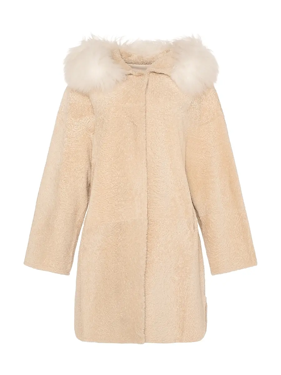 Gorski Women's Reversible New Zealand Shearling Lamb Stroller with Select Mongolian Lamb Hood Trim - Beige - Size Medium | Image 1 Gorski Women's Reversible New Zealand Shearling Lamb Stroller with Select Mongolian Lamb Hood Trim - Beige - Size Medium | Image 1