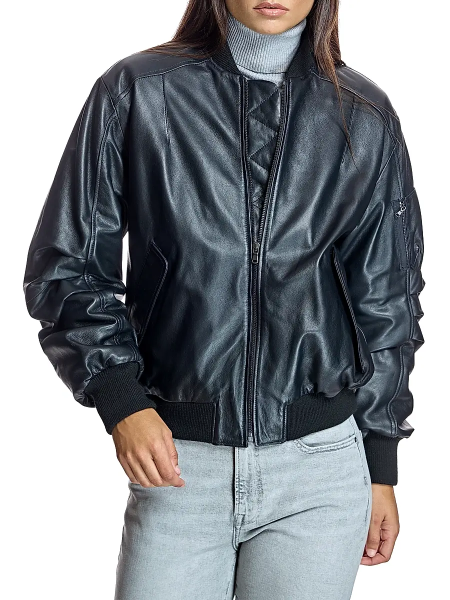 Maximilian Women's Oversized Leather Bomber - Black | Thumbnail 2 Maximilian Women's Oversized Leather Bomber - Black | Thumbnail 2